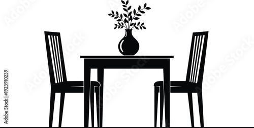 Black vector silhouette of a wooden dining table with two chairs and a decorative flower vase for interior design home furniture and cafe brandin