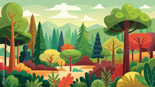 A vibrant stylized landscape featuring a dense forest and rolling hills under a cloudy sky