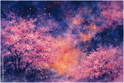 夜桜と星空の幻想的な春風景 水彩タッチ背景イラスト