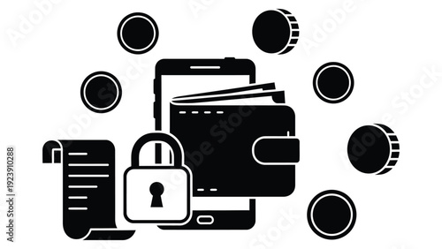 Secure mobile payment icon with wallet, phone, lock, receipt and coins for finance