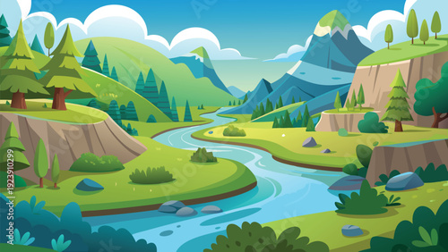 A vibrant cartoon landscape depicts a winding river flowing through lush green hills and mountains