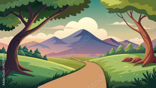 A winding path leads through a vibrant green landscape towards distant mountains high quality professional detailed