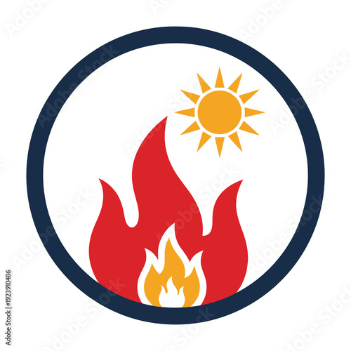 Fiery red flames engulfing a stylized sun symbol within a circular border evoking intense heat danger and natural energy concepts