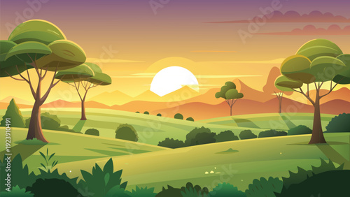 A vibrant cartoon landscape depicts rolling hills trees and a glowing sunset in the distance
