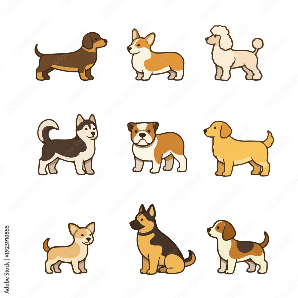 Fototapeta premium Dog Breed Icon Set 3x3 Grid – Flat Vector Collection