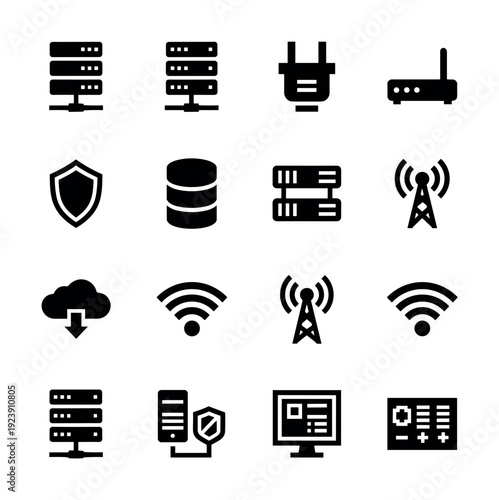 Collection of technology and network icons representing servers, security, and connectivity