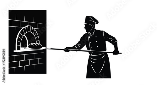 Baker checking bread in wood fired oven detailed black silhouette