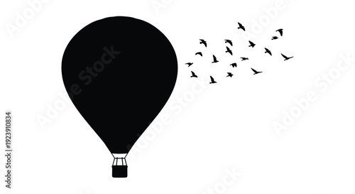 A dark hot air balloon with birds flying around it silhouette
