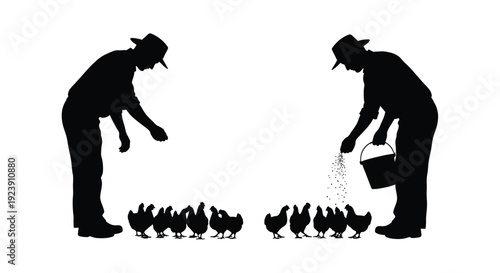 Farmer and child tending to chicks a striking black silhouette