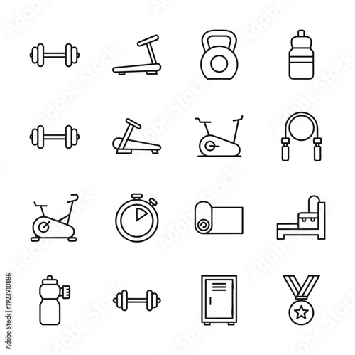 Collection of fitness equipment icons for a healthy lifestyle and gym workout