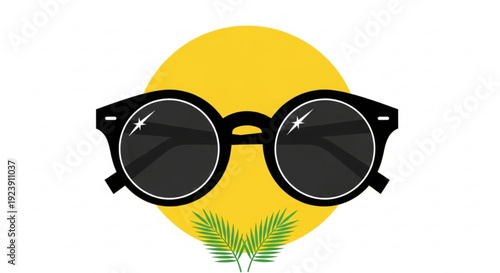 Funny yellow smiley face with trendy sunglasses and palm leaves on white background symbolizing summer vacation and relaxation