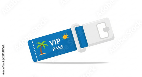 Vip pass ticket with palm tree and sun on blue background for exclusive event access
