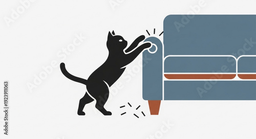 Black cat scratching blue sofa with brown legs and cushions energetically indoors