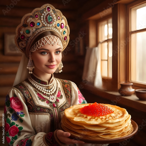 Young woman in traditional Russian attire holding plate of pancakes  