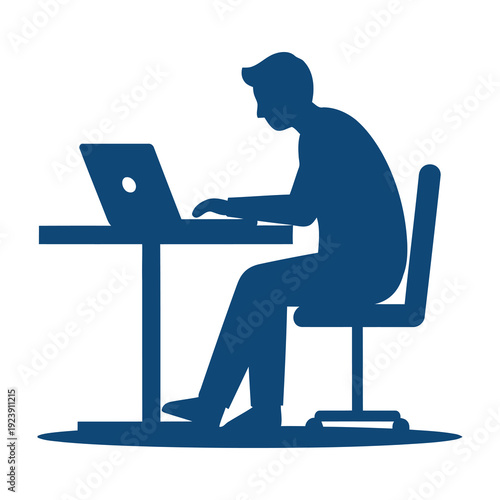 Silhouette of a focused person working diligently on a laptop computer at a modern desk with an ergonomic chair representing productivity online work and remote office tasks in a clean minimalist