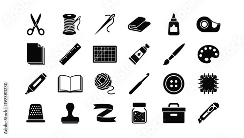 Black Crafting and Office Icons Set Isolated on White Background