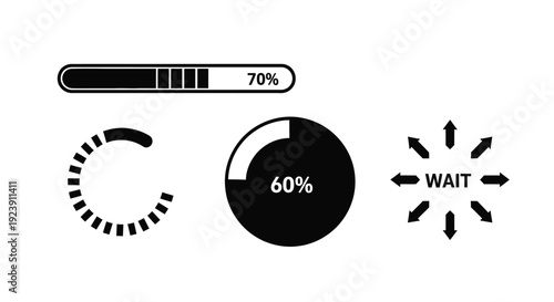 Loading indicators and progress bars in a black and white silhouette
