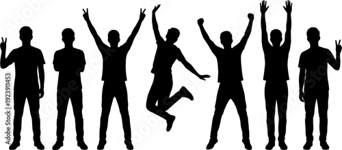 Happy people silhouette collection, jumping men vector set, celebration pose illustration isolated human success design bundle pack