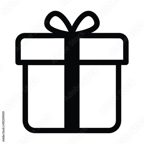 Simple bold black and white graphic illustration of a gift box with a ribbon and bow presented as a clean modern icon symbolizing celebration surprise and giving perfect for festive designs