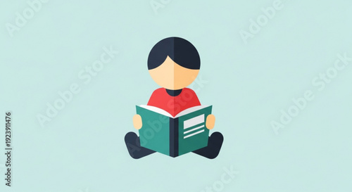 A young boy sits cross legged reading a large green book with a red shirt on a light blue background