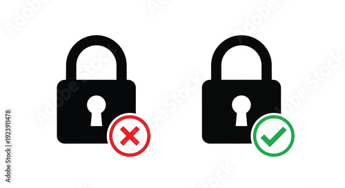 Two padlocks one locked and one unlocked with checkmarks and crosses silhouette