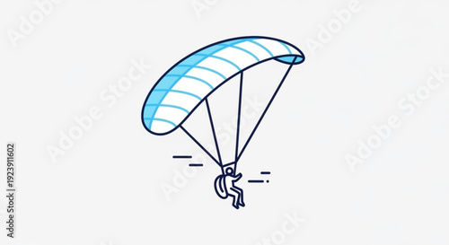 Person paragliding through air with blue and white parachute in motion