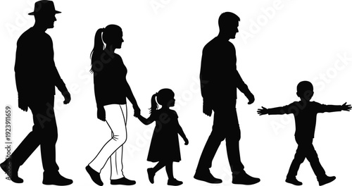 Black vector silhouette set of a diverse family including parents and children walking together for lifestyle branding community insurance and happy household advertising