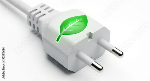 Eco friendly electrical plug with green leaf symbol on white background representing sustainable energy and environmentally friendly technology