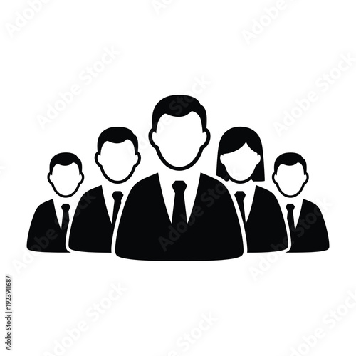 Diverse group of business professionals in formal attire standing together showcasing teamwork and corporate unity in a clean bright studio setting with a clear white background