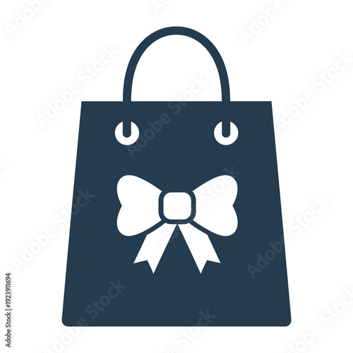 Dark blue shopping bag with a white bow graphic symbolizing retail commerce and gift giving presented on a clean white background with a minimalist modern aesthetic suitable for online stores