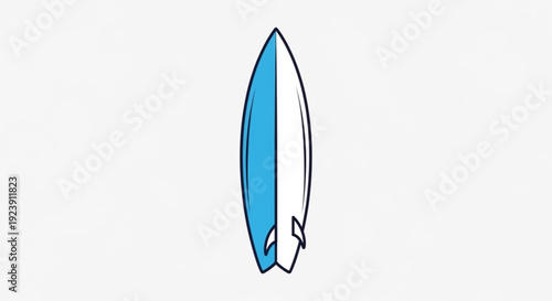 Blue and white surfboard standing upright on a plain background illustrating a hobby or leisure activity