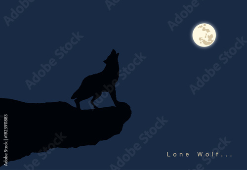 満月の夜に崖の上で遠吠えするオオカミのシルエットのベクターイラスト