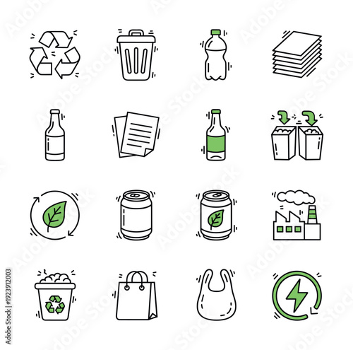 Collection of simple icons representing recycling and eco-friendly concepts