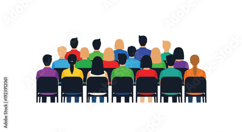 A colorful crowd of people seated in rows a stark silhouette