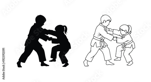Two children practicing martial arts one in color and one silhouette