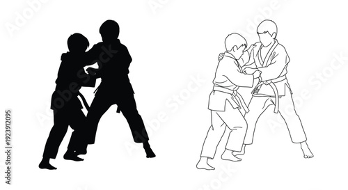 Two judo athletes grappling a striking black silhouette
