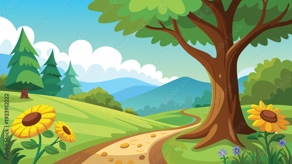 Obraz premium A colorful illustration depicts a winding path through a lush landscape with trees and flowers