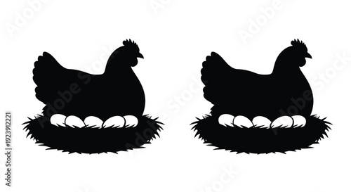 Two hens with chicks in nests a striking black silhouette