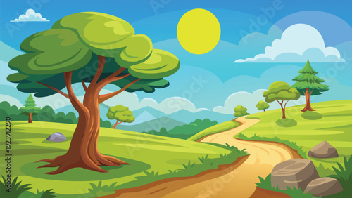 A brightly colored cartoon landscape featuring trees a winding path and a sunny sky high quality