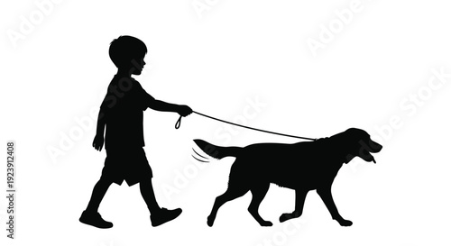 Young boy walking a dog on a leash simple black silhouette