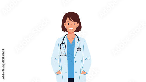 Friendly female doctor wearing a white coat and a stethoscope smiles warmly while keeping her hands in her pockets for consultation.