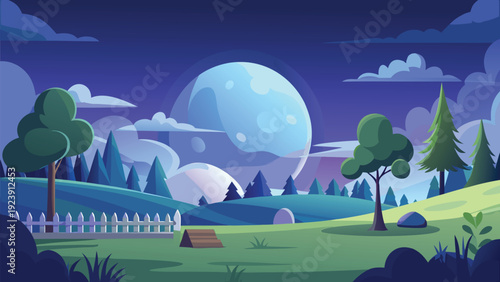 A stylized cartoon landscape depicts rolling hills trees and a large glowing orb high quality professional
