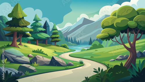 A winding road leads through a lush green valley towards distant mountains high quality professional detailed