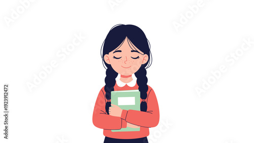 Young girl with dark braided hair and freckles closes her eyes and affectionately hugs a green book to her chest with a smile.