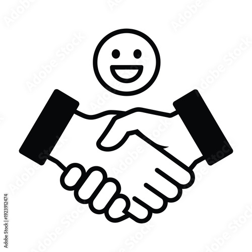 Conceptual illustration symbolizing successful partnership and agreement featuring two hands clasped in a firm handshake crowned by a joyful smiley face icon conveying trust collaboration