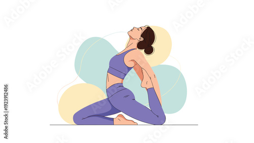Flexible woman in purple yoga apparel performs a deep backstretch against a modern background of soft pastel circles.