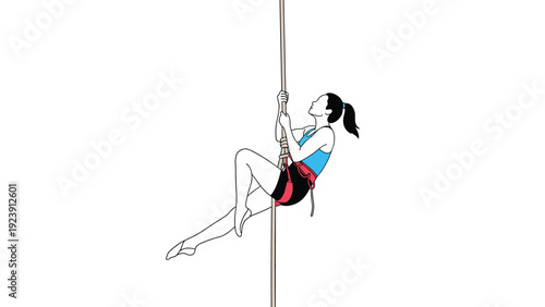 Athletic young woman in blue sportswear demonstrates her strength while climbing a thick rope against a clean white background.
