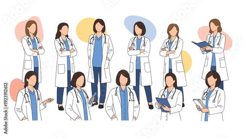Set of diverse female medical professionals in white coats posing with stethoscopes and clipboards for healthcare services.