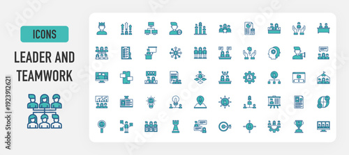 Leader and teamwork icon vector. Growth, Computer, Podium, Award, Coworking, Manage, Meeting, Team, Teamwork, Chat, Idea, Collaboration, Connection, Discussion, Employee, Flowchart illustration. 