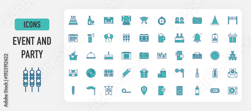 Event and party icon vector. Cake, Wine, Electric Piano, Stage, Grill, Disco Ball, Children, Party Hat, Banner, Calendar, Air Horn, Balloon, Bbq, Beer, Birthday Card, Box, Bucket illustration. 